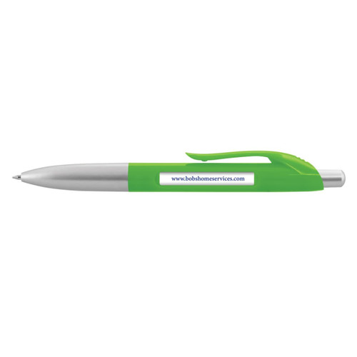 A green plastic pen with a silver clip and tip, featuring a printed website URL on the barrel.