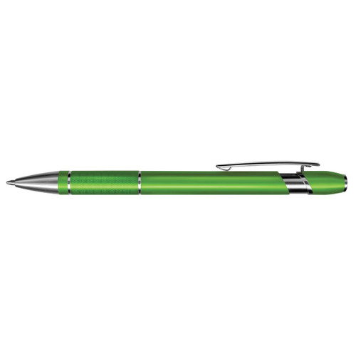 A metal pen in vibrant green with chrome accents, featuring a sleek design and a clip on the top.