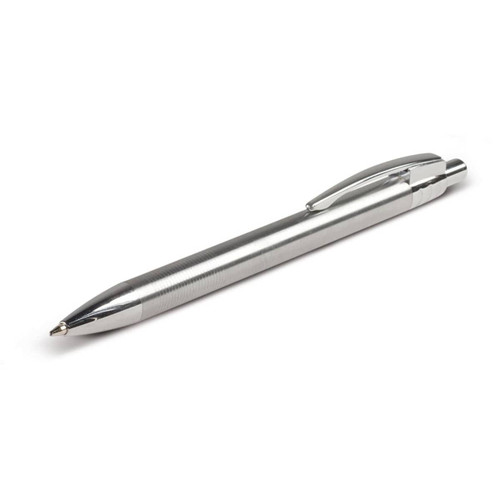 A metal pen with a sleek silver finish and a textured grip. Features a clip and a logo on the body.