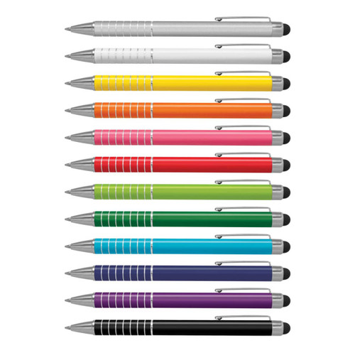 A collection of stylus pens in various colours, including white, yellow, orange, red, green, blue, purple, and black, featuring silver accents.
