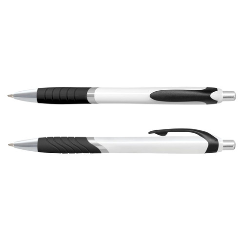 A set of plastic pens with coloured barrels and black grips, featuring silver accents and a logo.