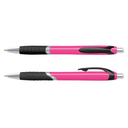 A set of pink plastic pens with black grips and silver accents, featuring a logo on the barrel.
