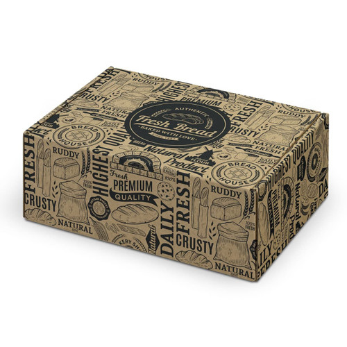 A brown die cut box with a locking lid, featuring a variety of bread-related illustrations and a logo.