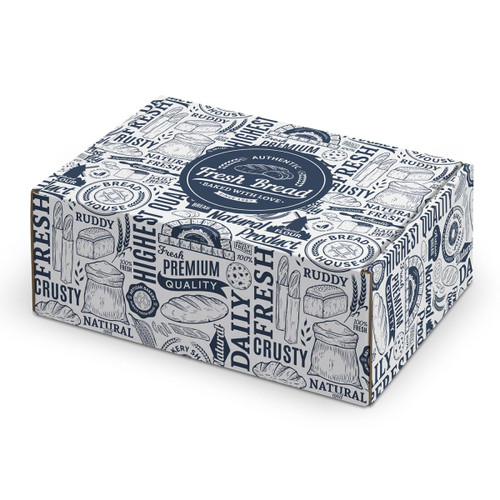 A patterned die-cut box in blue and white with a locking lid, featuring a variety of bread-related illustrations and logos.
