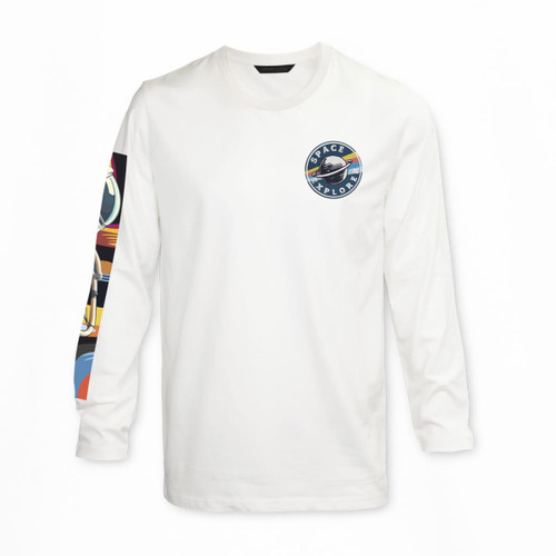 A white long-sleeve crew shirt featuring faux embroidery and a colourful design on the sleeve, including a logo.