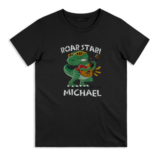 A black adult t-shirt featuring a dinosaur playing guitar with sunglasses and a graphic design.