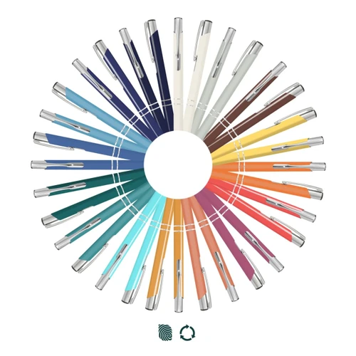 A circular arrangement of colourful Panama Palette Pens in various shades, featuring silver accents and a logo.