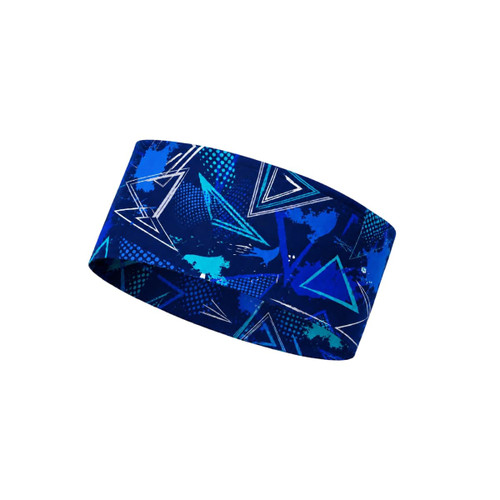 A wide, warm headband in navy blue featuring a modern geometric pattern in various shades of blue and white.