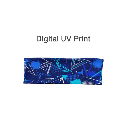 A wide headband in blue with various geometric patterns and a logo. Features a digital UV print design.