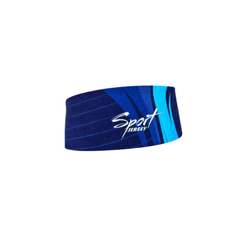 A blue and navy headband featuring a breathable mesh design and a logo.