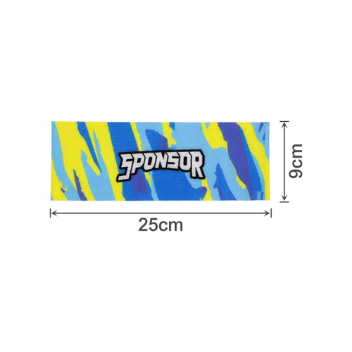 A blue and yellow seamless breathable ice silk mesh headband with a logo in the centre. Dimensions are 25cm by 9cm.