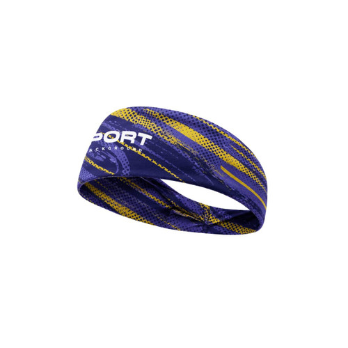 A thermal headband in purple and yellow with a decorative pattern and a logo.