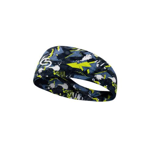 A brushed polyester thermal headband in blue and yellow with abstract patterns and a logo.