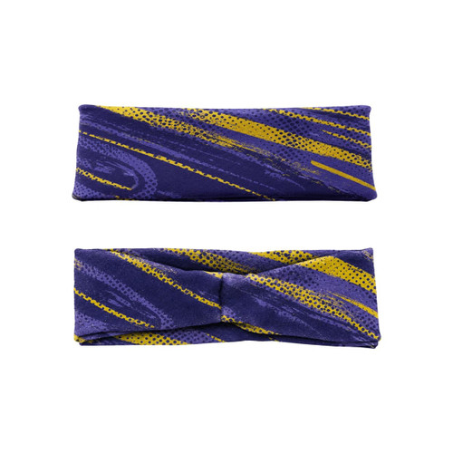 A patterned purple and yellow brushed polyester thermal headband with a twist design, featuring a subtle logo.