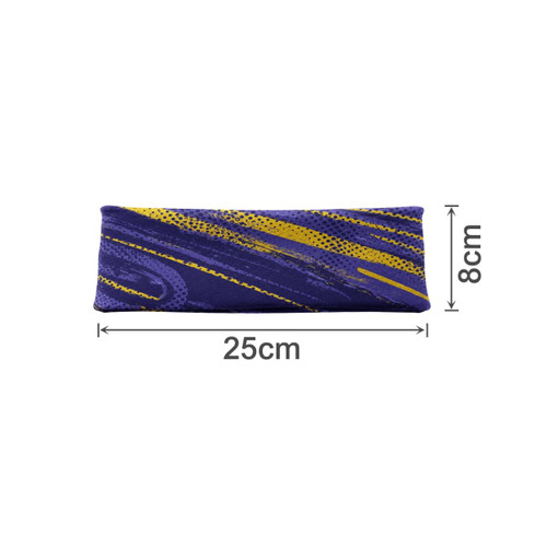 A brushed polyester thermal headband featuring a vibrant purple and yellow design, measuring 25cm by 8cm.