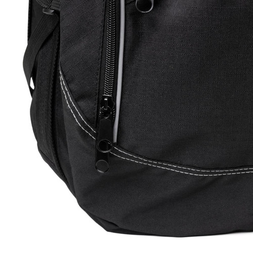 A black backpack featuring a zip closure and contrasting white stitching. It has a branding logo on the side.