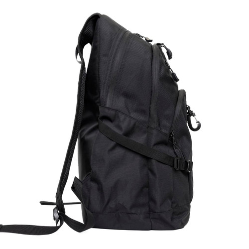 A black backpack with a sleek design, featuring multiple zippers and adjustable straps. It has a discreet logo.