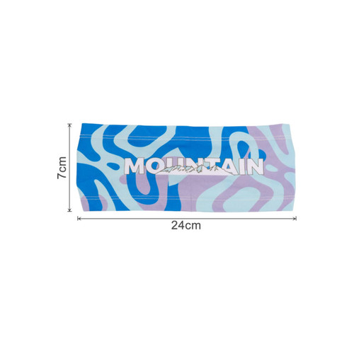 A polyester spandex sport headband in blue and lavender with a abstract pattern and a logo. Measures 24cm by 7cm.