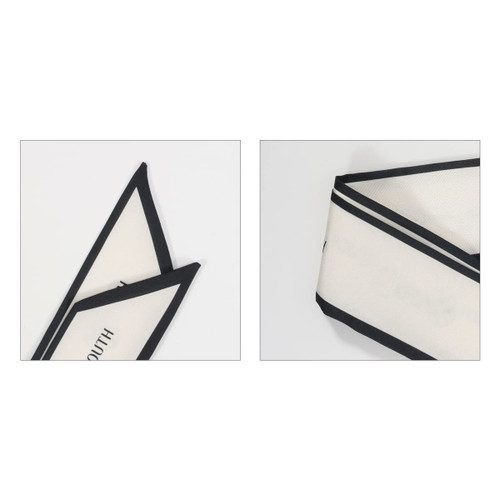 A narrow scarf in cream with black twill weave detailing and a logo. Showcases two angles of the product.