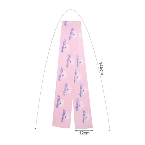 A pink chiffon long scarf with floral patterns and a logo, measuring 145cm by 12cm.