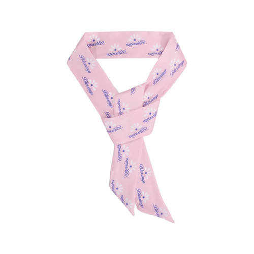 A pink chiffon narrow scarf featuring a repeating pattern and a logo.
