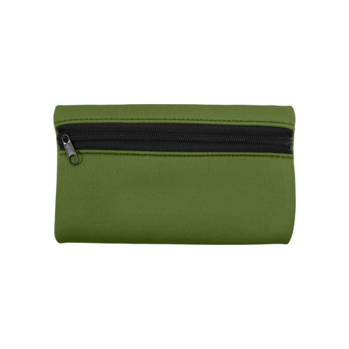 A small, olive green neoprene pencil pouch with a zip closure and black zipper. It features a branding logo.