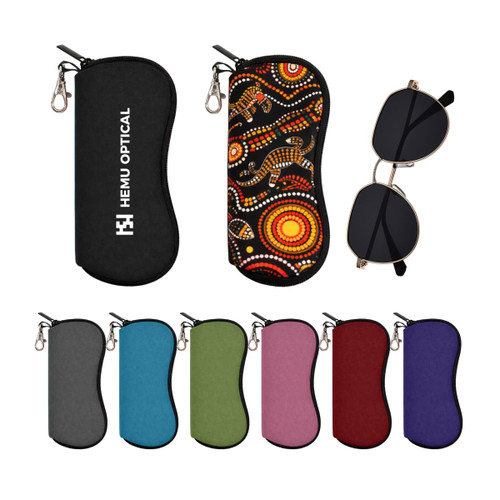 A collection of neoprene glasses pouches in various colours, including black, blue, green, and burgundy, alongside sunglasses.