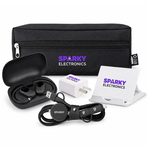 A black tech pack containing wireless earbuds, a charging cable, a power adapter, and a phone stand. It has a logo.