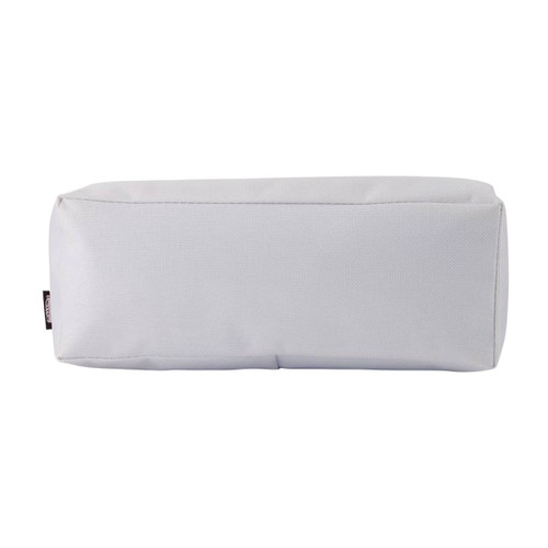 A white utility case with a rectangular shape, featuring a logo on one side.