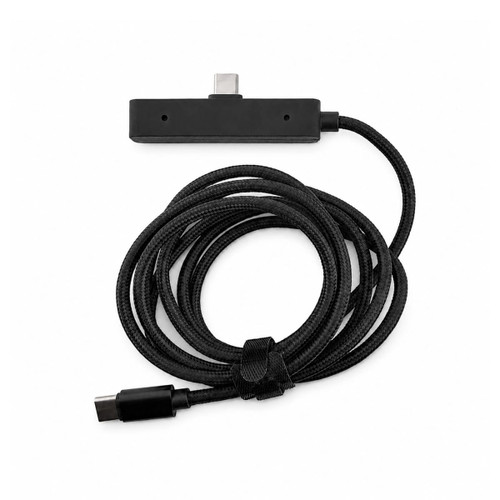 A black charging cable with a textured finish and a connector at each end, featuring a logo.