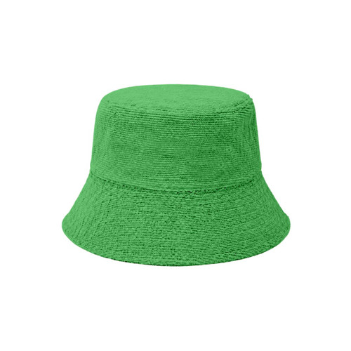 A green reversible bucket hat made from dual materials, featuring a textured surface and a simple design.