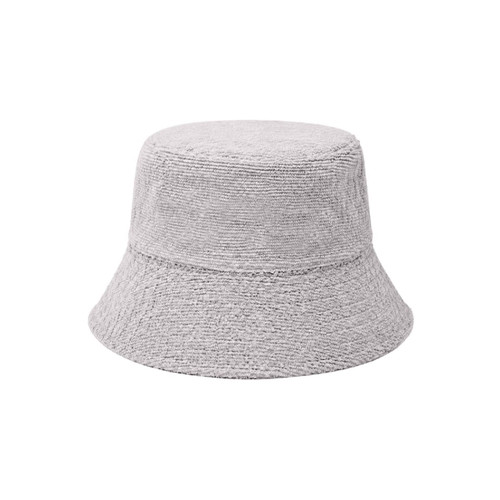 A grey dual-material reversible bucket hat with a textured finish and a wide brim. It features a logo.