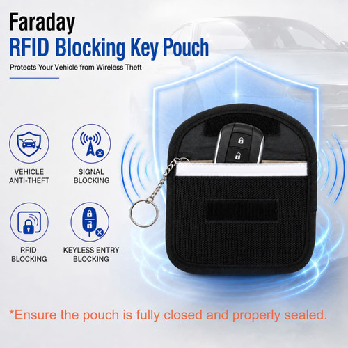 A black RFID blocking key pouch featuring a zipper, keychain, and a clear front pocket for keyless entry fobs.