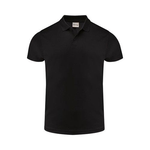 A black polo shirt with a classic collar and a small logo on the upper side. Suitable for casual wear.