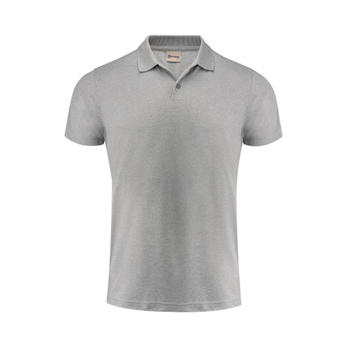 A light grey polo shirt with a collar and short sleeves. The shirt features a branding logo.