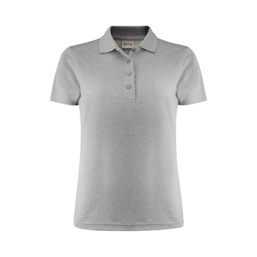 A grey women's polo shirt featuring a classic collar and button-down placket, with a logo on the chest.