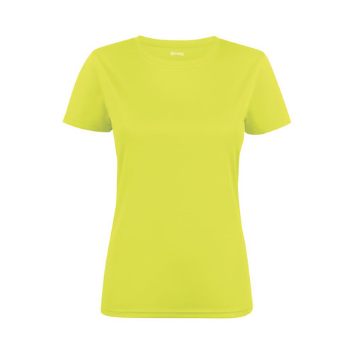 A bright yellow women's active tee with short sleeves and a fitted design. It features a logo on the front.