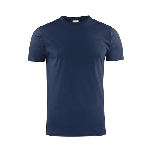 A navy blue men's t-shirt with a round neckline and short sleeves, featuring a logo.