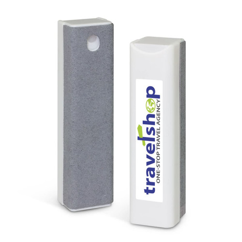 A grey and white cleaning cloth, featuring a logo, designed for electronic device screens.