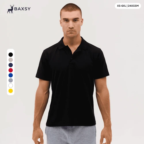 A black polo shirt on a model, featuring a logo and available in multiple colours.