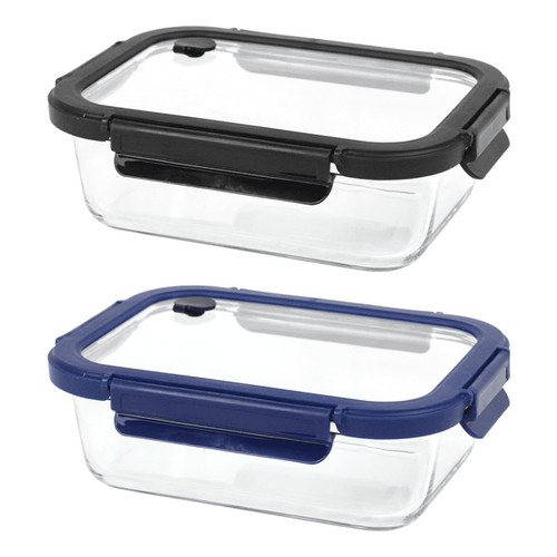 A glass lunch box with a clear body and black and navy blue lids, featuring a secure locking mechanism and a logo.
