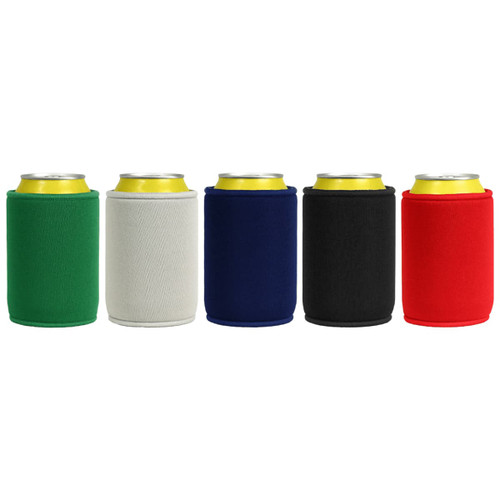 Five stubby holders in green, white, navy, black, and red, each with a can inside.