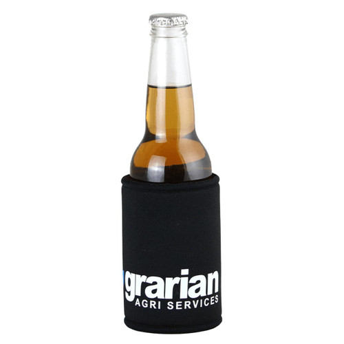 A black stubby holder featuring a logo, designed to fit a standard drink bottle.