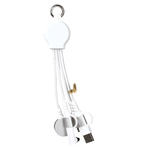 A white 6-in-1 multi charging cable with a retractable design, featuring multiple connectors and a keyring attachment.