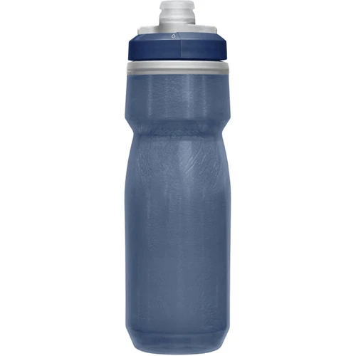 A drink bottle in a dark blue hue with a clear body, featuring a lid and a built-in straw.