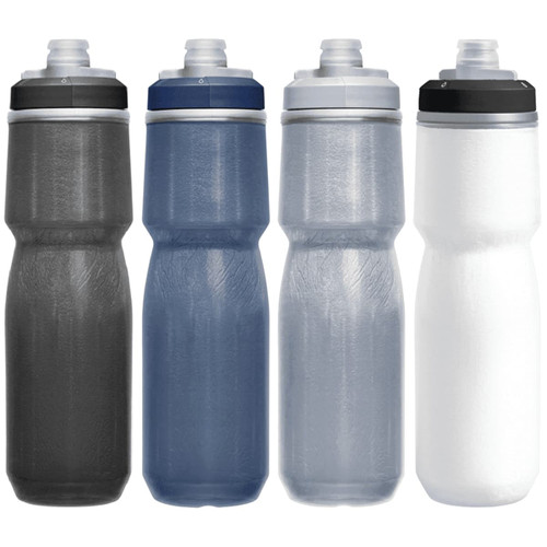 A drink bottle collection in black, dark blue, light blue, and white, featuring a brand logo.