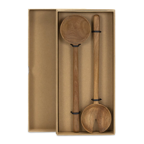 Two wooden salad servers, one rounded and one forked, displayed in a rectangular box. The wood has a natural finish.