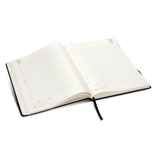 An A4 daily diary for 2027, featuring a black cover and opened to reveal lined pages.
