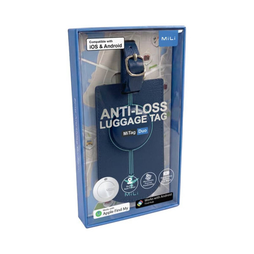 A blue anti-loss luggage tag with a strap, packaged in a clear box, featuring a logo and compatible with iOS and Android.