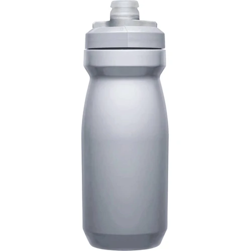 A drink bottle in a sleek, plain grey colour with a screw-on cap and a logo on the side.